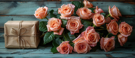 Flowers bouquet and gifts on a wooden background in Shabby Chic style. Interior with no text.の素材