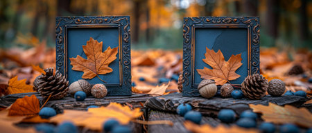 Two photo frames, acorns, fir cones, and dry oak leaves on wooden boards in the autumn. Empty placeholder for photos or text.の素材