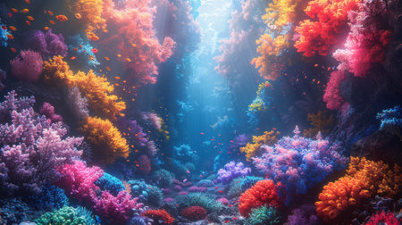 Video Game's Digital Artwork, Colorful Concept Illustration, Cartoon Style Background. Undersea Forest. Colored Pencil Style.の素材