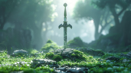 Icon of the sword in the stone - 3D digital illustration.の素材