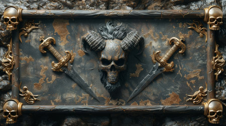 Digital illustration of an ancient scroll with a gargoyle head and crossed swords on itの素材