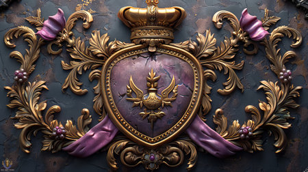 Three dimensional digital illustration of an ancient coat of arms with gilded purple blades and an iron royal shield.の素材