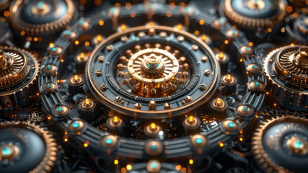 The intricate clockwork mechanism of a steampunk clock is illustrated in 3D on a black backgroundの素材