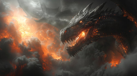 This illustration depicts a fierce fantasy black winged dragonの素材