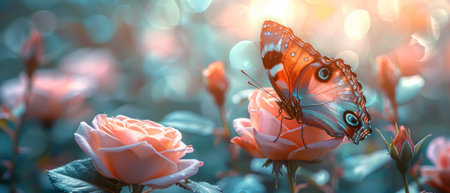 In a floral wide panoramic banner with blooming pink rose flowers and flying fantasy peacock-eye butterflies, a mysterious fairy tale spring floral background is blurred with smooth, shiny glowingの素材