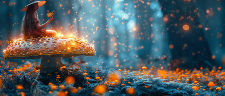 Luminous unicorn releasing butterfly in magical enchanted forest, fairytale path leading to fabulous glow, trail in wood leads to glareの素材