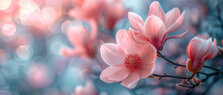 Magnolia flowers bloom in blooming spring mysterious garden in blue sky background, fairy tale springtime landscape, fantastic fantasy landscapeの素材