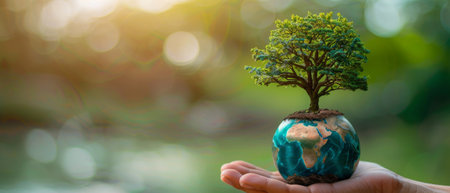 The design depicts a blue glass globe ball and a tree in the hands of a human being on a blurred green background. The message highlights the importance of saving the environment, protecting theの素材