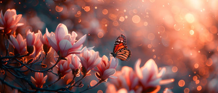 A blossoming magnolia and a fluttering butterfly on a fantasy mysterious spring background with bokeh, exciting fairy tale floral wide banner with copy space.の素材