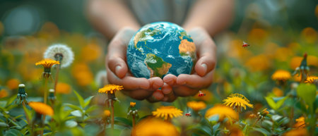 The card depicts a blue globe ball in a human hand on green grass with dandelions and ladybugs. The message reads: "Save the environment, protect the ecology and protect the clean planet.".の素材