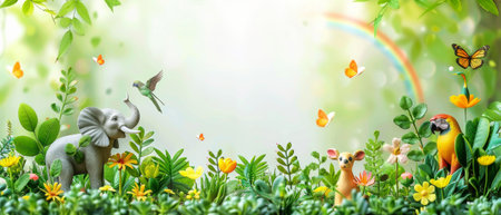 In celebration of World Animal Day, a rainbow in the sky along with elephants, tigers, deer, parrots, and lions. Saving the planet, preserving nature reserves, protecting endangered species, andの素材