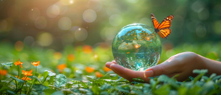 Blue glass globe in woman's hand, butterfly on blurry green background. Saving planet, saving, protecting nature and ecology, sustainable living concept.の素材