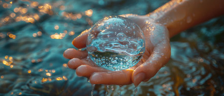 Concept of World Oceans Day, environmental preservation and climate literacy, sustainable lifestyle, and saving the planet. Handdrop on pure sea background.の素材