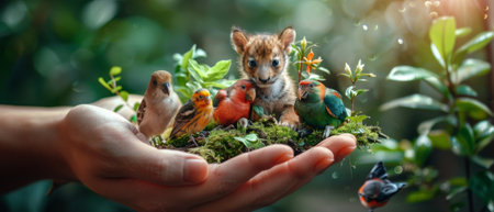 Concept for Earth Day, World Animal Day, and Wildlife Day. One hand holding elephant, tiger, deer, parrot, and others.の素材
