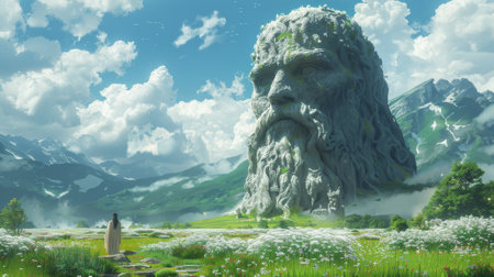 An illustration of a fantasy landscape with a giant statue in the foregroundの素材