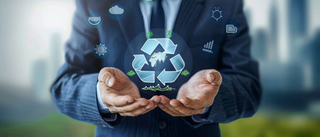 The concept of reducing carbon dioxide emissions, businessman with iconography of environmental technology, global warming, sustainable development, and renewable energy. Climate change, carbonの素材