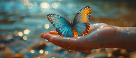 Earth day, water conservation, saving the planet, ecology, sustainable lifestyle concept. Globe and Morpho Butterfly in human hand against pure sea background.の素材