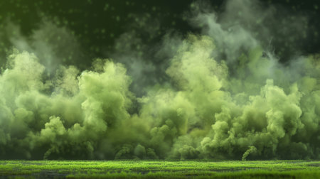 The green fog or smog spreads on the ground. The air is filled with smoke or poisonous gases. A modern realistic rendering of chemical toxic vapor soaring in the air, isolated on a transparent.の素材