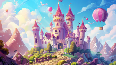 An air balloon in the sky and flying turrets on a pink magic castle in the mountains. Fantasy architecture modern illustration with flying turrets in the sky..の素材