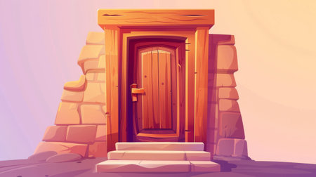 Opening and closing wooden doorways with wooden stairways and darkness inside. Home facade design element, entrance. Modern illustration..の素材