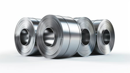 Isolated on white background, shiny metal stainless iron or aluminum cylinders, industrial manufacturing, heavy metallurgical industry, realistic modern illustration..の素材