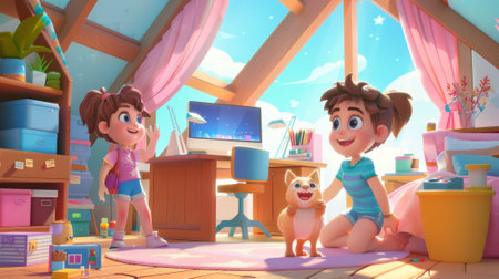 In an attic room, children are playing indoor games with a computer on the desk, a bed, toys on the floor, nightstands with cosmetics, and a mirror..の素材