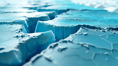 In the perspective view of a large crack in the ice. A 3D blue rift in the ice. Modern realistic background with fractures in the ice caused by an earthquake or melting..の素材