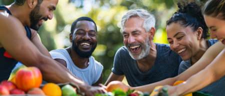 Laughter in the park. Stack of hands and smiles after fitness training. A sweaty team cheering after intense training.の素材