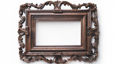 On a white background, a beautiful antique wooden picture frame..の素材
