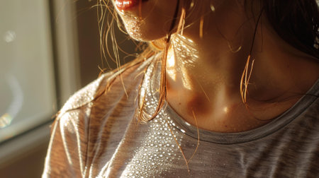 Due to the heat, worries, and uncertainty, there is sweat on the shirt.の素材