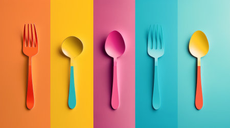The menu of a colorful abstract restaurant is accompanied by cutlery signs.の素材