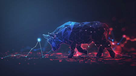 Bullish concept in stock exchange, graph with a low poly bull growingの素材