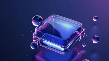 A 3D futuristic glassmorphism square plate floating over a dark blue background with gradient liquid effects.の素材