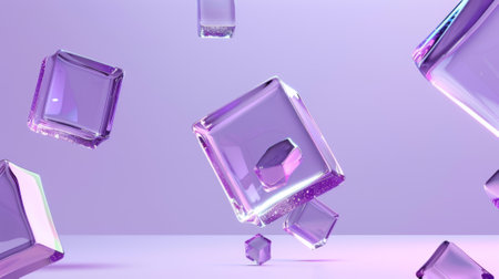 Glassmorphism square plate floating on violet background with 3D geometric objects.の素材