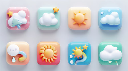 Weather icon set in 3D render. Isolated set of weather icons. Web or mobile app interface concepts. Cartoons of snow, fog, rain, lightning and fog..の素材