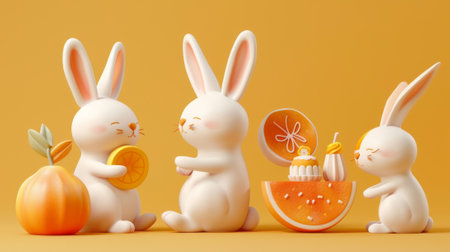 Two rabbits hold pomelo and mooncake in front of a light orange background with a bunny looking sideways and another with its eyes open or closed.の素材