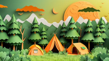Typography with camping theme. Papercut style nature landscape with camping scene setting.の素材
