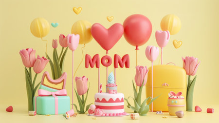 A set of 3D party decorations isolated on a light yellow background, including balloons, tulips, and cake. Perfect for holidays such as mother's day or birthday parties.の素材