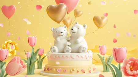 Decorative poster for Mother's Day with porcelain polar bears on layer cake with tulips and heart-shaped balloons. Yellow background with golden mom text balloons.の素材