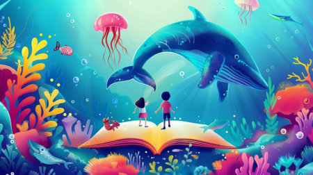 An illustrated poster that celebrates World Book Day with children and pets standing on books fully admiring marine life. The poster illustrates a dive into the world of knowledge with whales andの素材