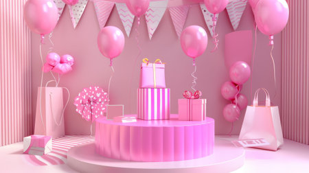 Pink podium with balloons, gift bags, credit cards, and geometric decorations surrounded by 3D display.の素材