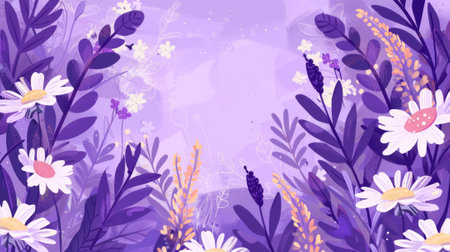 A pretty floral background template with daisies and lavenders.の素材