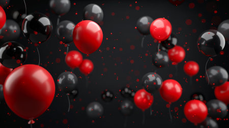 Black Friday sale poster with red and black balloons floating on dark background.の素材