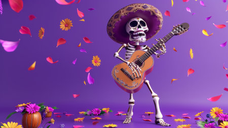 An animated 3D skeleton playing guitar on a purple background with Day of the Dead decorations.の素材