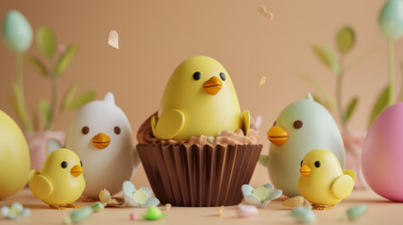 A chocolate shell surrounded by chicks and a cupcake on a beige background with 3D Easter eggs.の素材