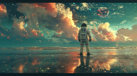 Astronaut standing on a beach and gazing at planets in the sky, illustration paintingの素材
