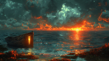 Fantasy scene of an abandoned boat near a mystery door, illustrated in digital art styleの素材