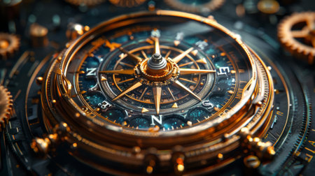 An elegant fantasy steampunk compass with cogwheel ornaments in 3Dの素材
