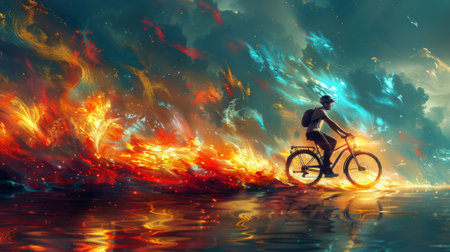 Cycling young man with a colorful energy, digital art style, illustration paintingの素材