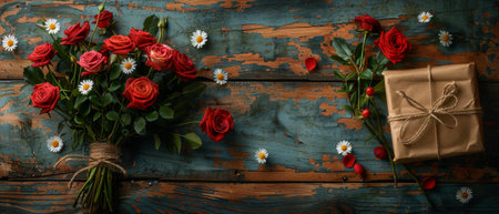 On wooden background with Shabby Chic style flowers and blooms, greeting card with gifts. A celebration for Valentine's Day.の素材